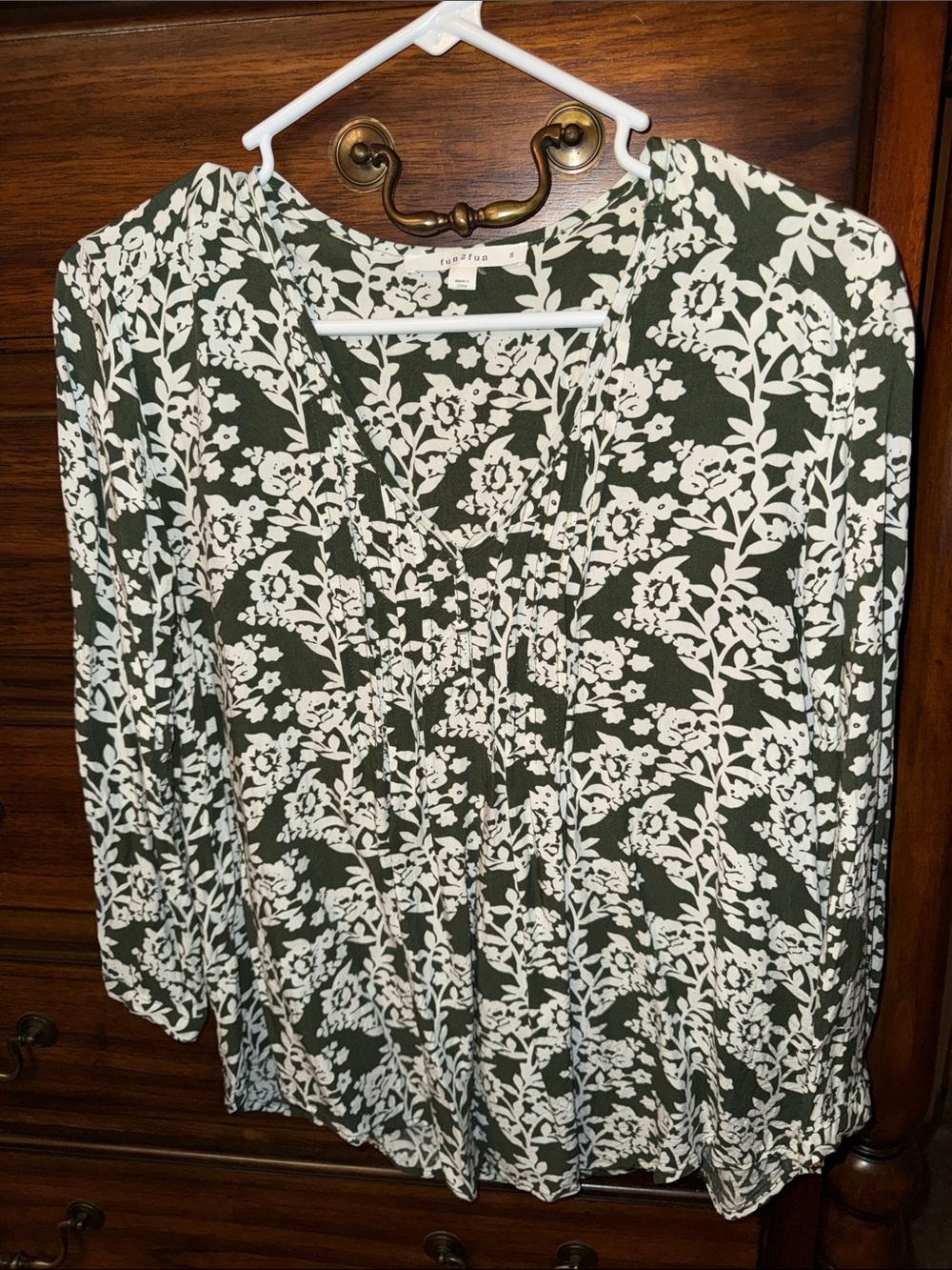 fun 2 fun Olive Green and White Floral V-Neck Blouse